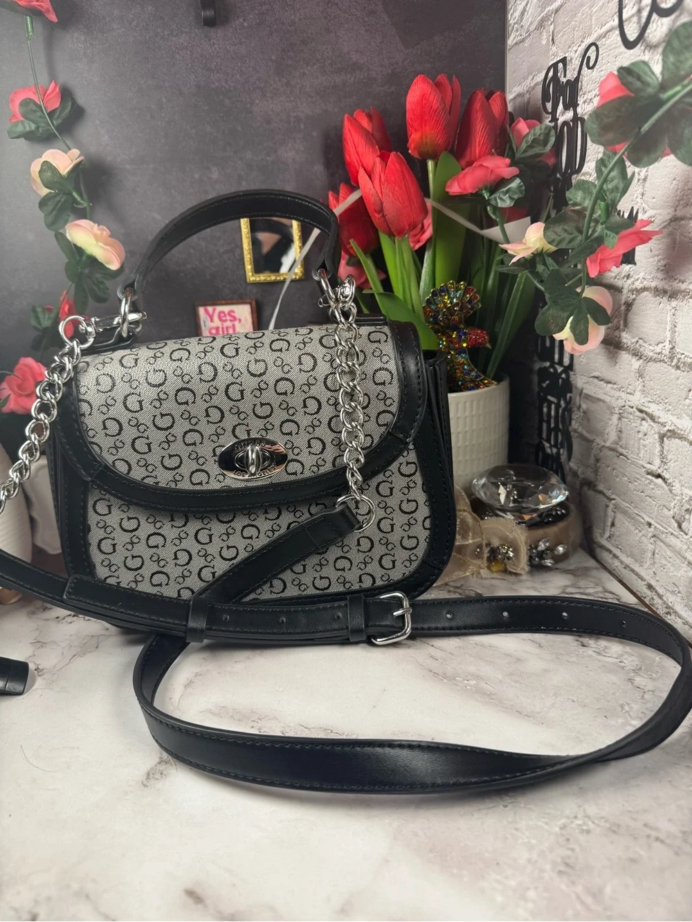 GUESS Black and Gray Logo-Print Mini Crossbody with Chain